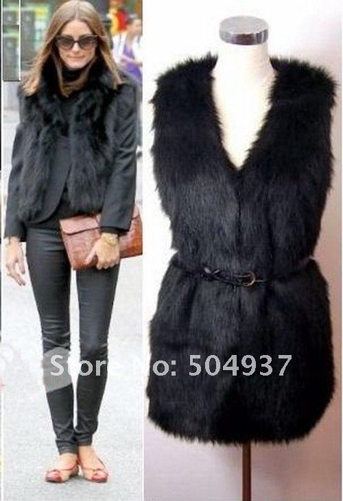 Free shipping-Wholesale New Celebrity Star Style Vintage Black Faux Fur Long Waistcoat Vest 001
