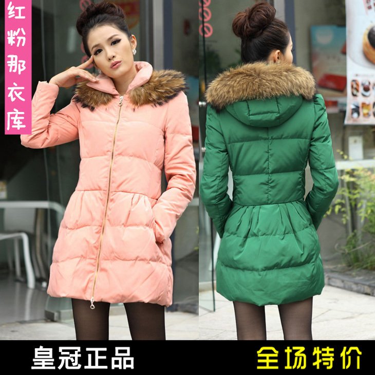 Free shipping  wholesale New winter fur hooded one paragraph in length women's down jacket 1309