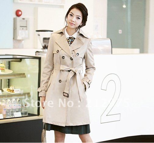 Free Shipping Wholesale New Womens Lapel Double-breasted Trench Coat Overcoat Outwear Apricot