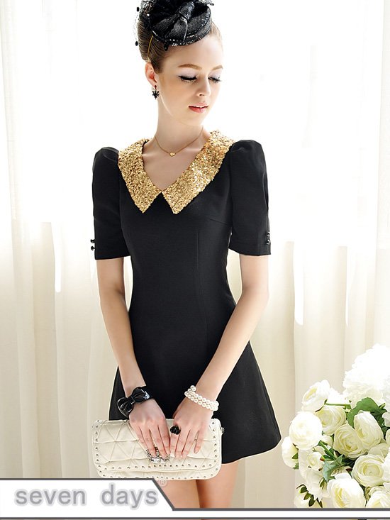 Free Shipping Wholesale OL Pure Color Sequins Turndown Collar Slim Puff Half Sleeve Dress CL043003BA