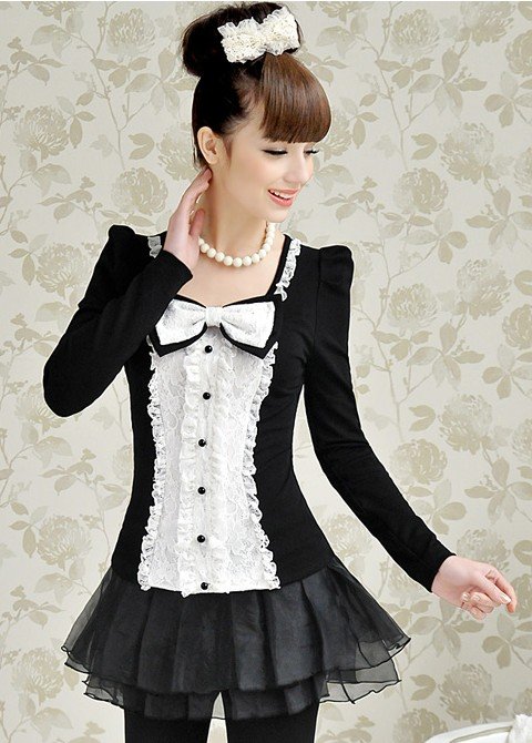 Free Shipping Wholesale price New arrival Korean 2012 fashion bowknot Cute t-shirt  blouses women clothes