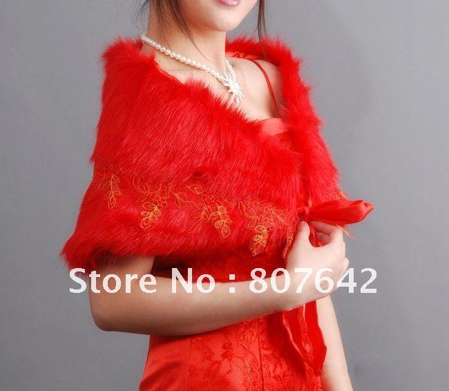 Free shipping wholesale price New Arrival Red artificial long Fur wedding jackets bridal shawls Sky-S003