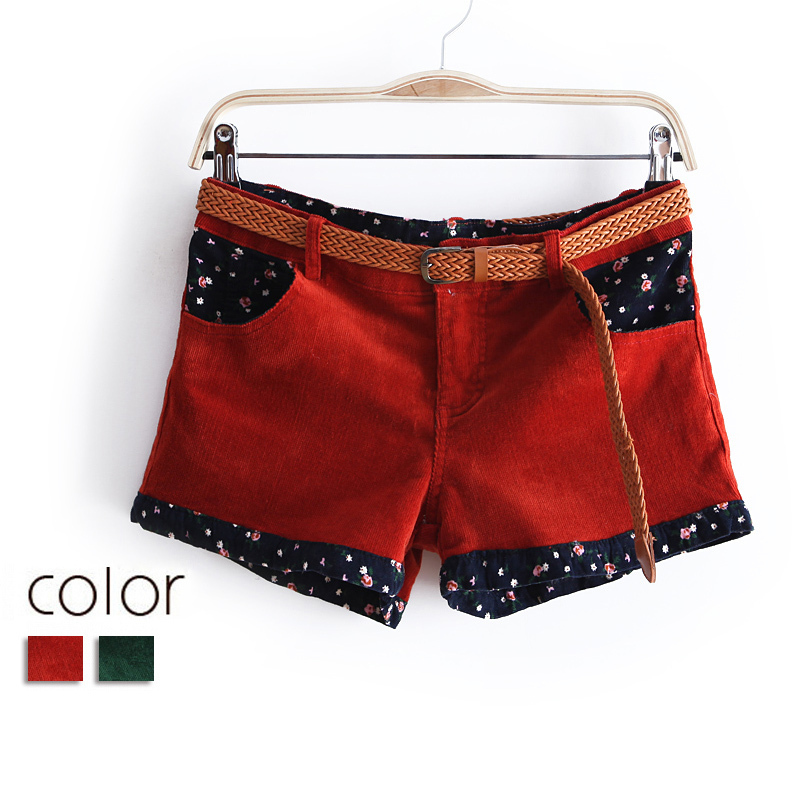 Free shipping wholesale/retail 2012 autumn/winter new women's retro floral patch corduroy shorts boots pants Belt WD835