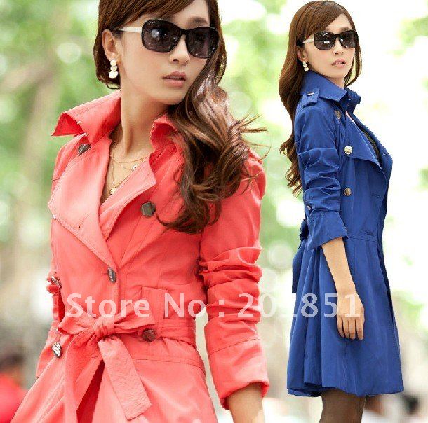 Free Shipping[Wholesale&Retail]2012 Autumn Women's Outerwear Long Coat Double Breasted Cotton Long-Sleeve Casual Jacket 5Colors