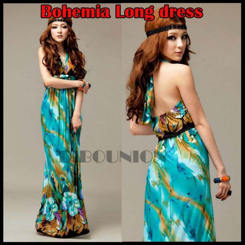 Free Shipping [ Wholesale & Retail ] Fashion Bohemia Printed Halter Green Color Beach Summer Long Dress Maxi Dress