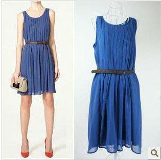 Free Shipping [Wholesale & Retail] new stylish blue pleated dress   chiffon sleeveless dress skirt