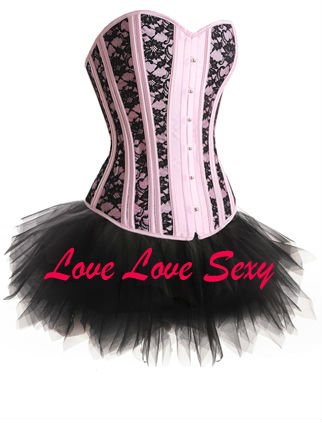 Free shipping!! Wholesale sexy corset pink+black sexy lingerie corset bustier satin corset corset+skirt+thong S-2XL 8109