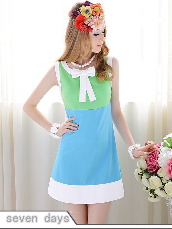Free Shipping Wholesale Simple Style Round-neck Slim Fit Color Block Bowknot Tank Mini Dress SL062634AU