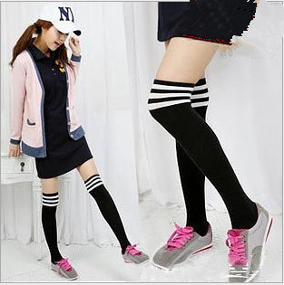 Free Shipping Wholesale Stripe Color Over-the-knee Stockings Socks Female Socks 100% Cotton