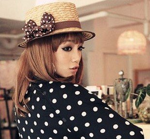 Free shipping wholesale+Sweet  round dot bowknot ribbon flat-top  Rattan Plaited Articles women straw hat(coffee and black)