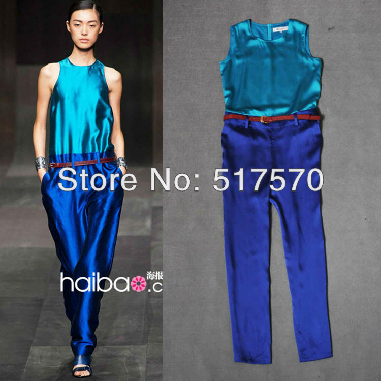 Free Shipping / Wholesale two color 2013 New arrival  women's fashion regular silk jumpsuits with a belt