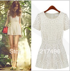 Free shipping Wholesale Women 2013 new hollow sweet lace round neck folds fashion Slim Dress Rompers beige color S/M/L/XL