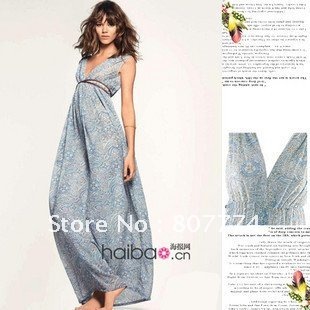 FREE SHIPPING wholesale women beach dress bohemia floral dress chiffon maxi blue mix order