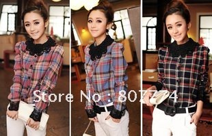 FREE SHIPPING wholesale women cotton plaid shirt  checker shirt long sleeve top mix order