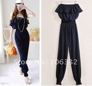Free Shipping wholesale women frilled top+long pants Empire waist Navyblue jumper backless sexy overall casual romper