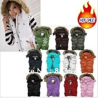 Free Shipping +  Wholesale  Women Fur Collar  Vests Detachable Hooded Down Vest,Lady  Sleeveless Leisure Vests 11 Colors