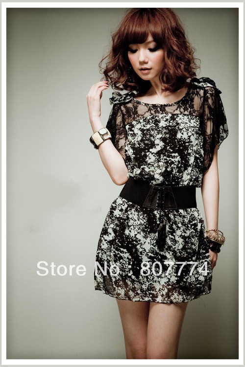 FREE SHIPPING wholesale women Lace Bohemia dress black floral Print sexy dress (S,M,L,XL,XXL) With Belt mix order