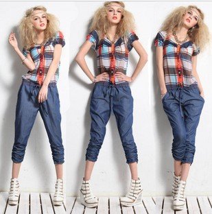 Free Shipping Wholesale women plaid one piece jumpsuits lady overalls fashion romper gathered legopening lady Harem Pants