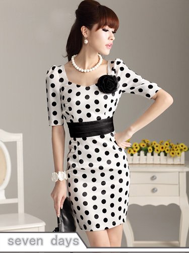 Free Shipping Wholesale Women Round Neck Belted Dots Half Sleeve Dress With Corsage NL032207