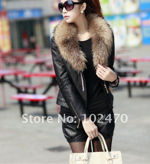 Free shipping wholesale Women's jacket Long hair Natural fur coat  lades fashion Leather jacket  red color