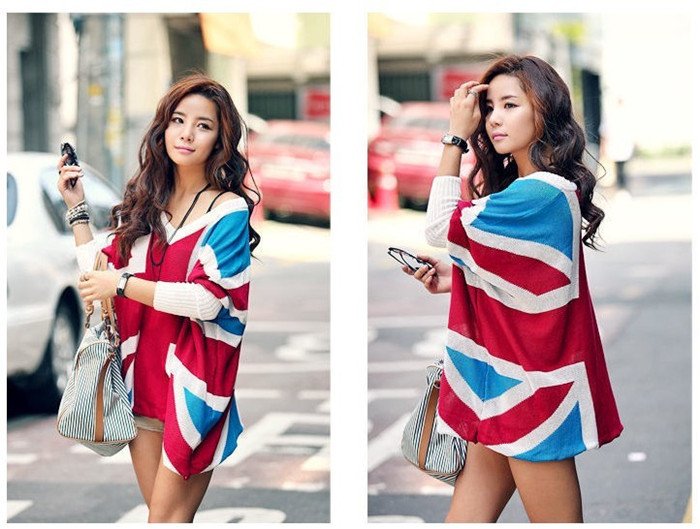 free shipping Wholesale - women's sweater plus size Union Jack loose bat sleeve V neck long sleeve knit sweater  drop shipping