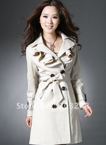 free shipping --Wholesale - Women's trench coats for spring autumn notch collar double-breasted ruffle front belted trench coat