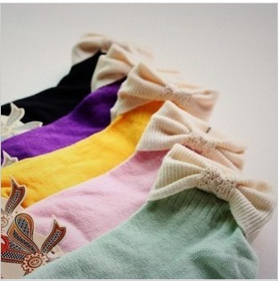 Free Shipping Wholesales  Korea Cute Candy Colored Bowknot  Ladies Cotton Socks FC12165