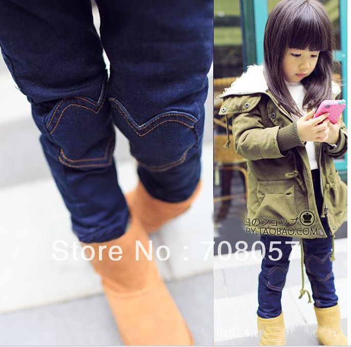 Free shipping winter  5pcs/lot  fashion cool  thick warm sweet love patch fleece girls  jeans ,children's  pants in  stock
