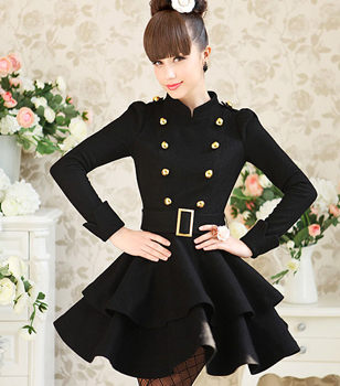 Free Shipping, Winter black cool double gold buckle small stand collar slim waist expansion bottom woolen one-piece dress