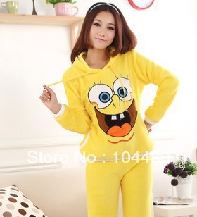 Free shipping winter coral fleece cartoon SpongeBob long-sleeved  nightwear /cartoon pajamas
