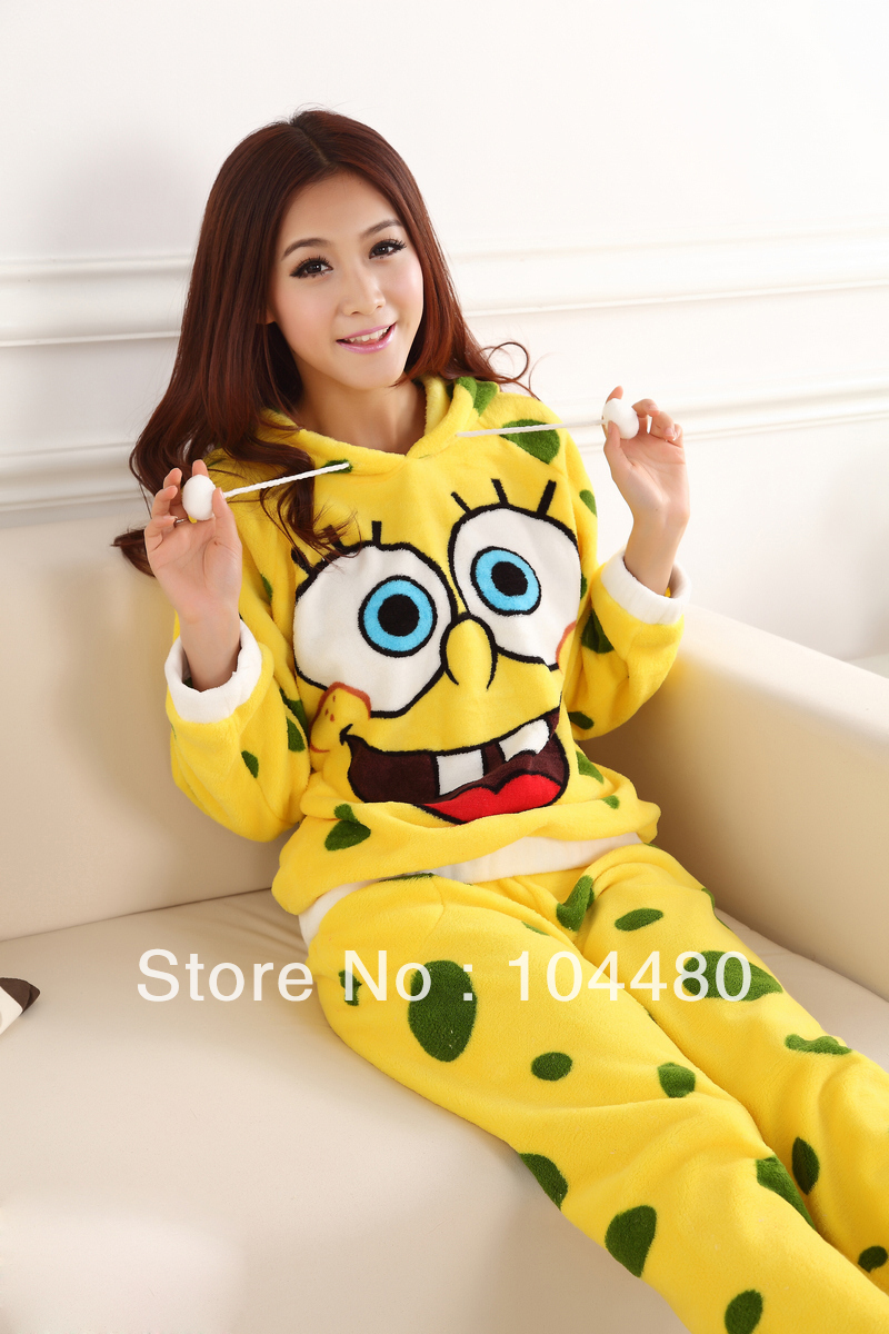 Free shipping winter coral fleece yellow SpongeBob long-sleeved women pajamas/ nightwear with hooded