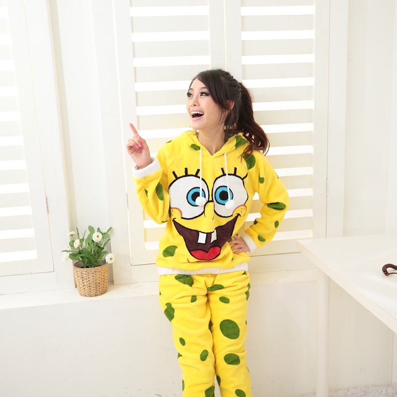 Free shipping winter coral velvet cartoon SpongeBob long-sleeved two sets of pajamas