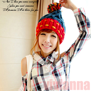 Free shipping winter cute contrast color wool knitted hat for female