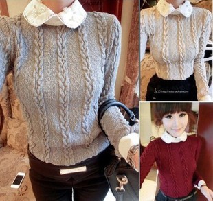 Free shipping winter delicate beading flower peter pan collar twisted sweater top