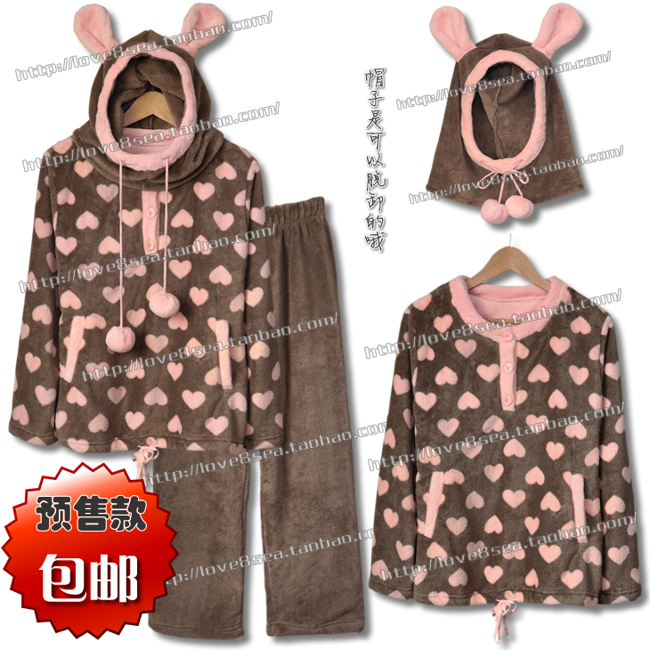 free shipping Winter detachable with a hood o-neck thickening coral fleece female sleepwear pajama pants lounge set pajamas hot