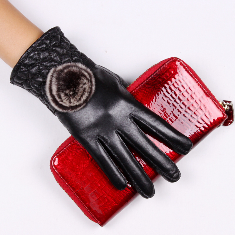Free shipping Winter genuine leather gloves female thin sheepskin short design oversized rabbit fur ball fashion decoration