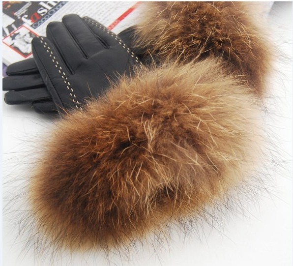 FREE SHIPPING Winter Korean women's leather glove leather gloves fashion raccoon wool/fox wool to keep warm