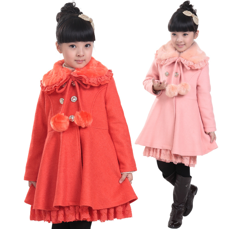 free shipping Winter medium-large female child fur collar woolen overcoat lengthen skirt lace trench outerwear