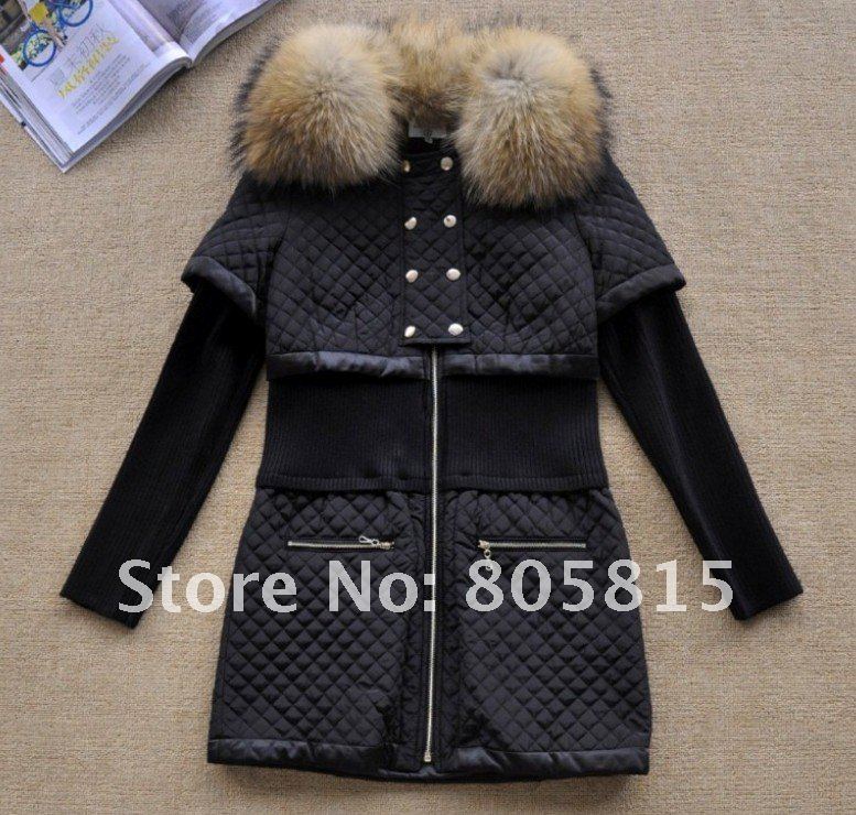 Free Shipping Winter Newest Upscale Women Raccoon Fur Collar Down Coats,Slim fur knitted long sleeve splicing eider down dress