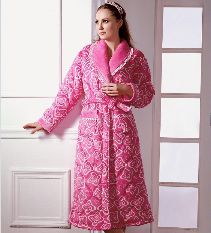 Free Shipping Winter robe bathrobes long-sleeve women's coral fleece cotton-padded thickening sleepwear lounge set plus size xl