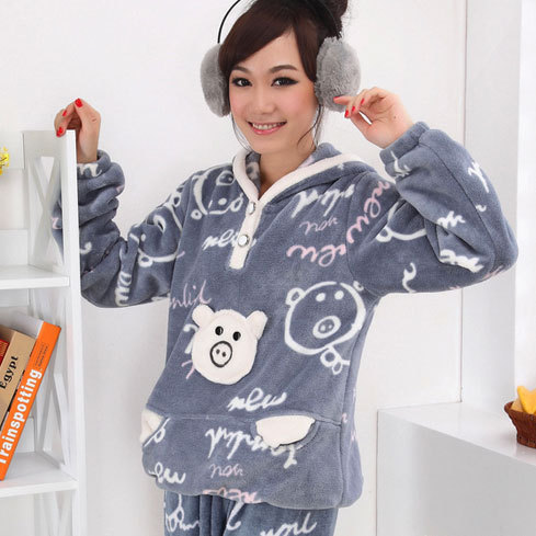 Free Shipping Winter shote with a hood sleepwear female coral fleece thickening set animal one piece lounge cartoon