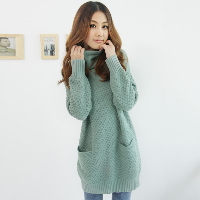 Free Shipping Winter Sweater Women's High Collar Pineapple Knitwear Ladies Pocket Long Sweater 3102