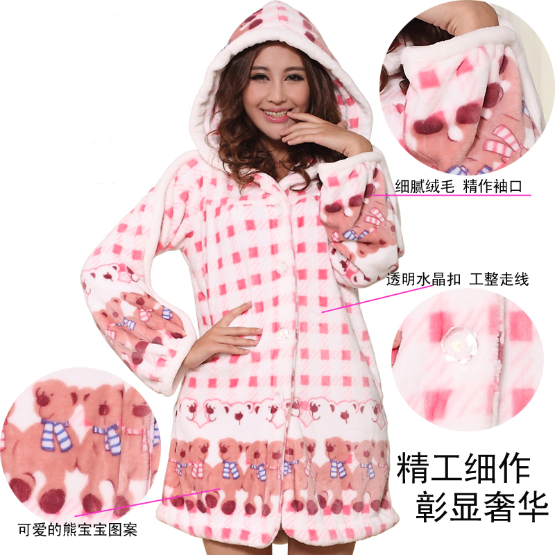 free shipping Winter thickening coral fleece lounge robe women's bear flannel sleepwear