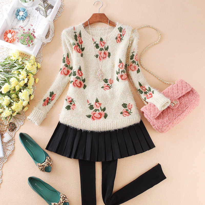Free Shipping, Winter vintage rose gold mohair sweater plush sweater basic sweater female