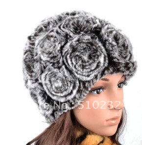 Free shipping Winter warm fur hat for ladies, genuine rex rabbit fur cap with disc-flowers