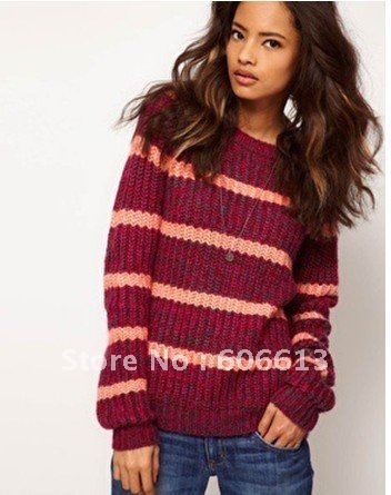 Free Shipping Winter warm knitted red stripe sweater ,fashion sweater Sweatshirt outerwear 2Pcs/lot