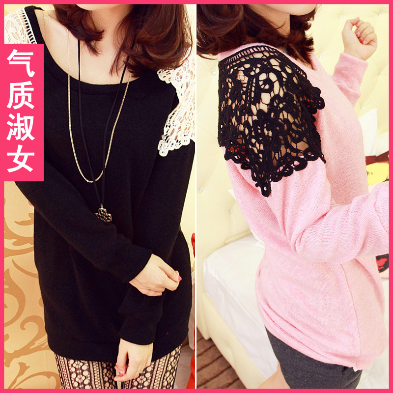 Free shipping, Winter women's 2012 sweet lace patchwork o-neck long-sleeve loose sweater h809
