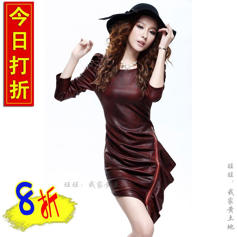 free shipping Winter women's sexy irregular PU faux leather skirt pleated bodice slim hip one-piece dress basic skirt