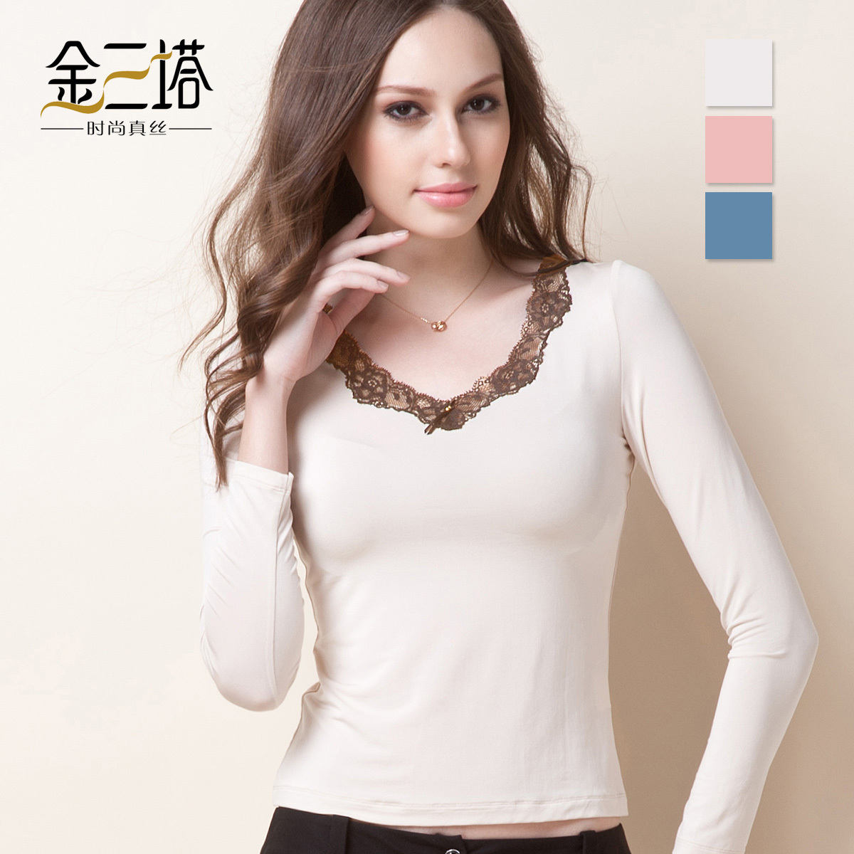 free shipping Wire spandex blending basic shirt women's color block lace sweater yzf2c708