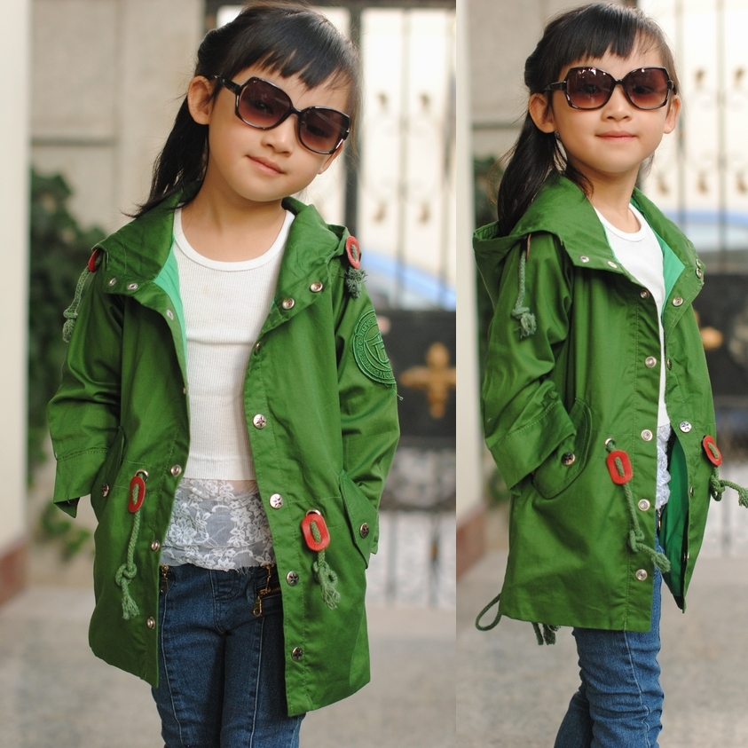 free shipping- With a hood 100% cotton trench spring children's clothing male female child child Army Green outerwear